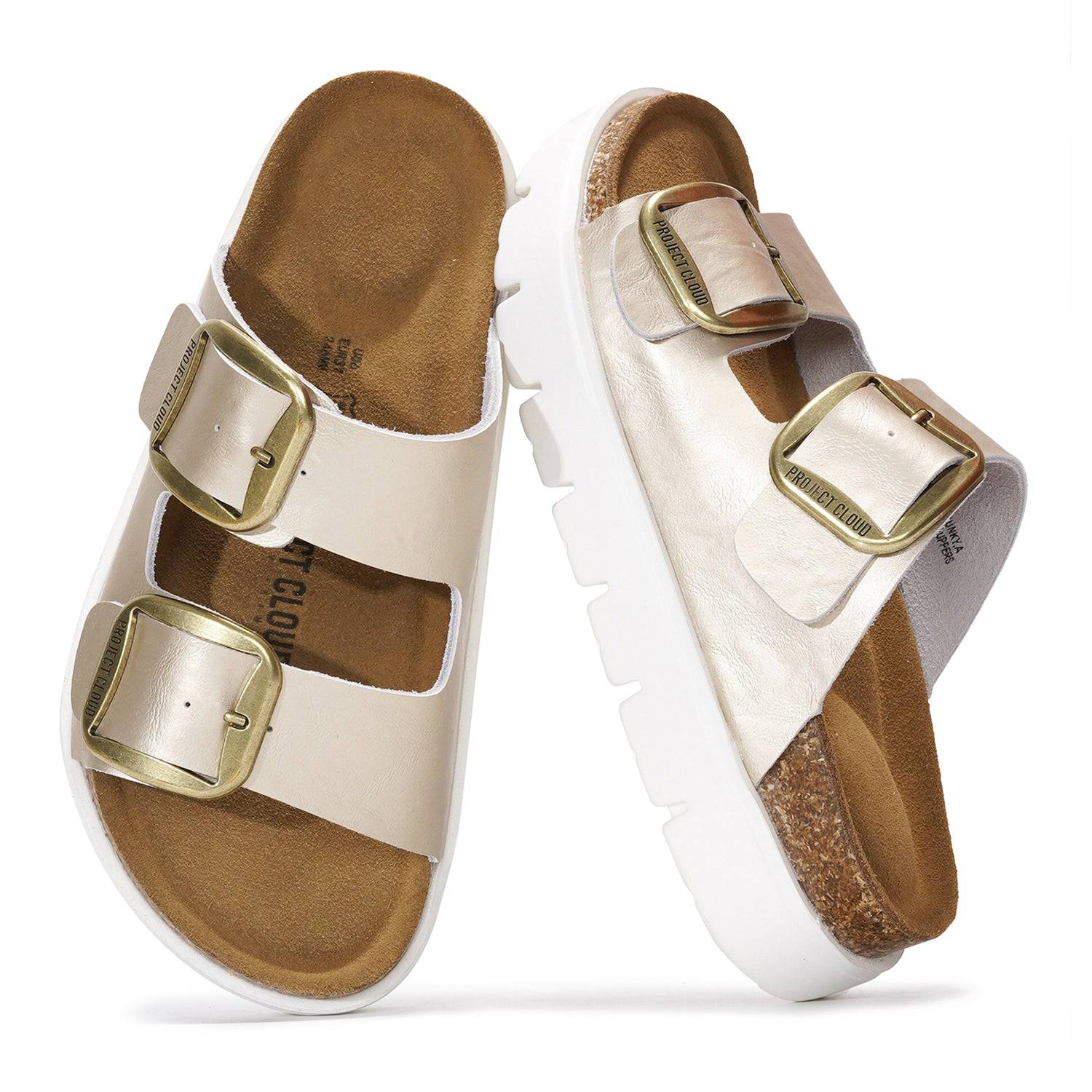 Project Cloud Greece Chunky Platform Sandals in cream leather with gold buckles and cork footbed.