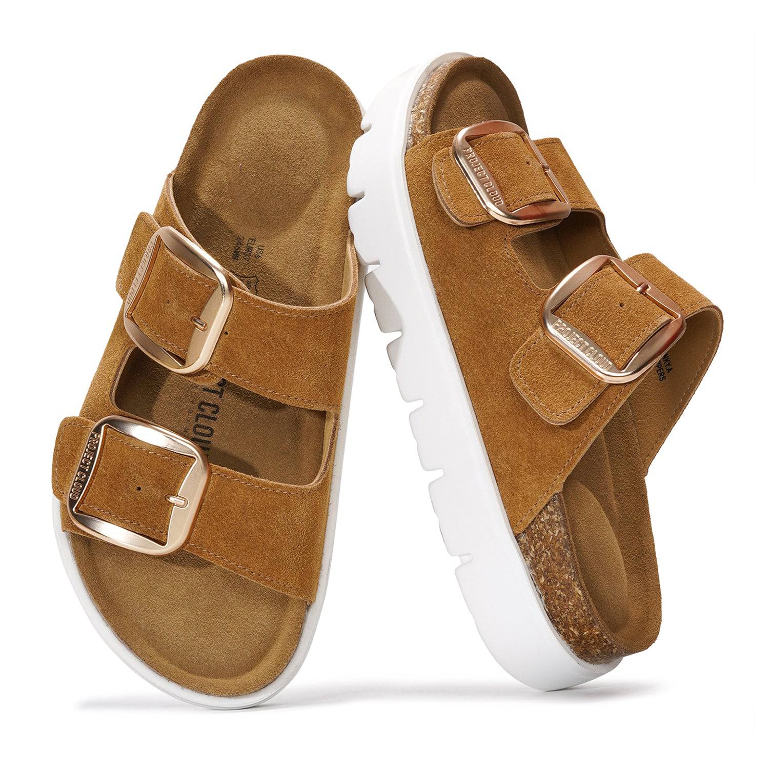 Project Cloud Greece Chunky Platform Sandals in tan suede with gold buckles, featuring cork footbed and white platform sole.