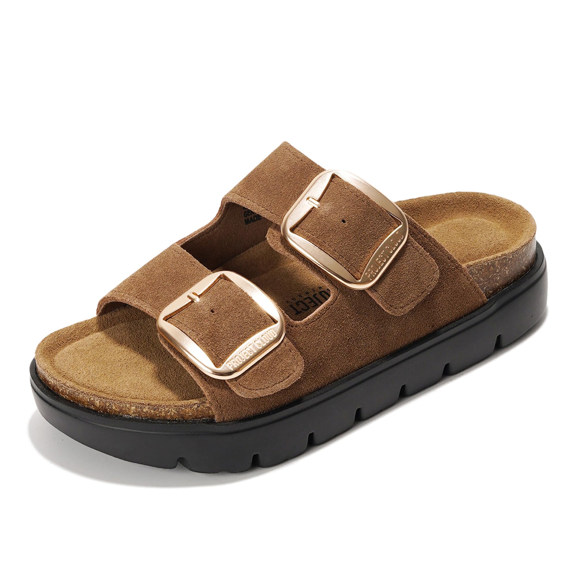 Project Cloud women's platform sandals in brown suede with gold buckles, cork footbed, and chunky black sole.