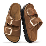 Project Cloud platform sandals for women in brown suede, with memory foam insole, chunky heel and gold buckle