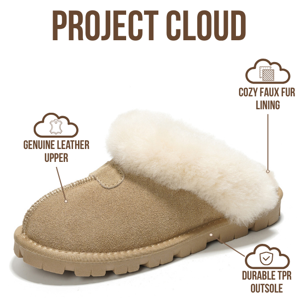 Project Cloud | "Hedy" 100% Genuine Leather & Natural Fur Lining Fuzzy Slippers | Memory Foam | Non-Slip