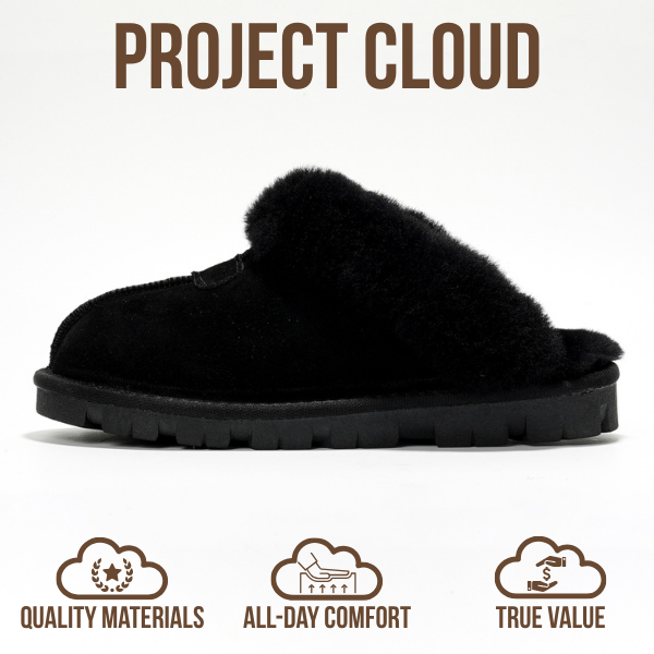 Project Cloud | "Hedy" 100% Genuine Leather & Natural Fur Lining Fuzzy Slippers | Memory Foam | Non-Slip
