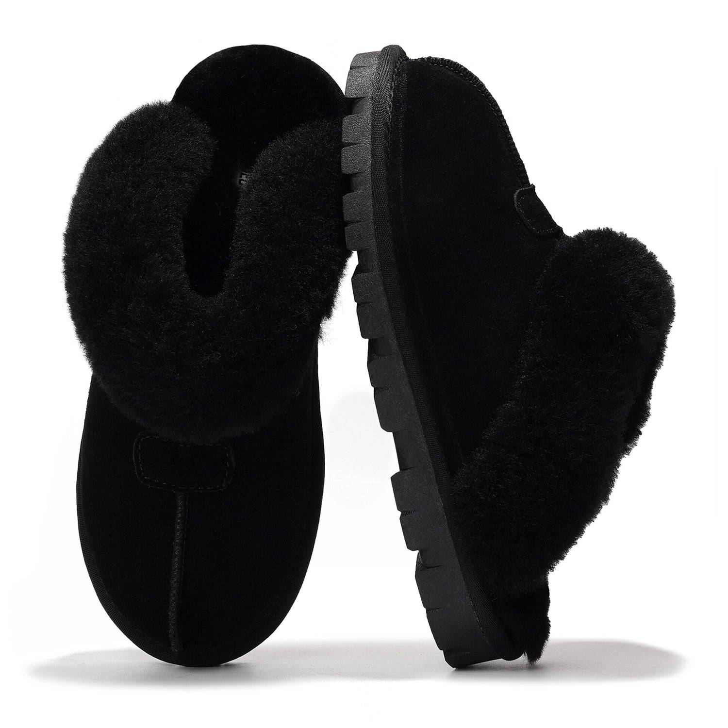 Project Cloud Hedy Black Suede Slippers with Fur Lining, Non-slip Sole.