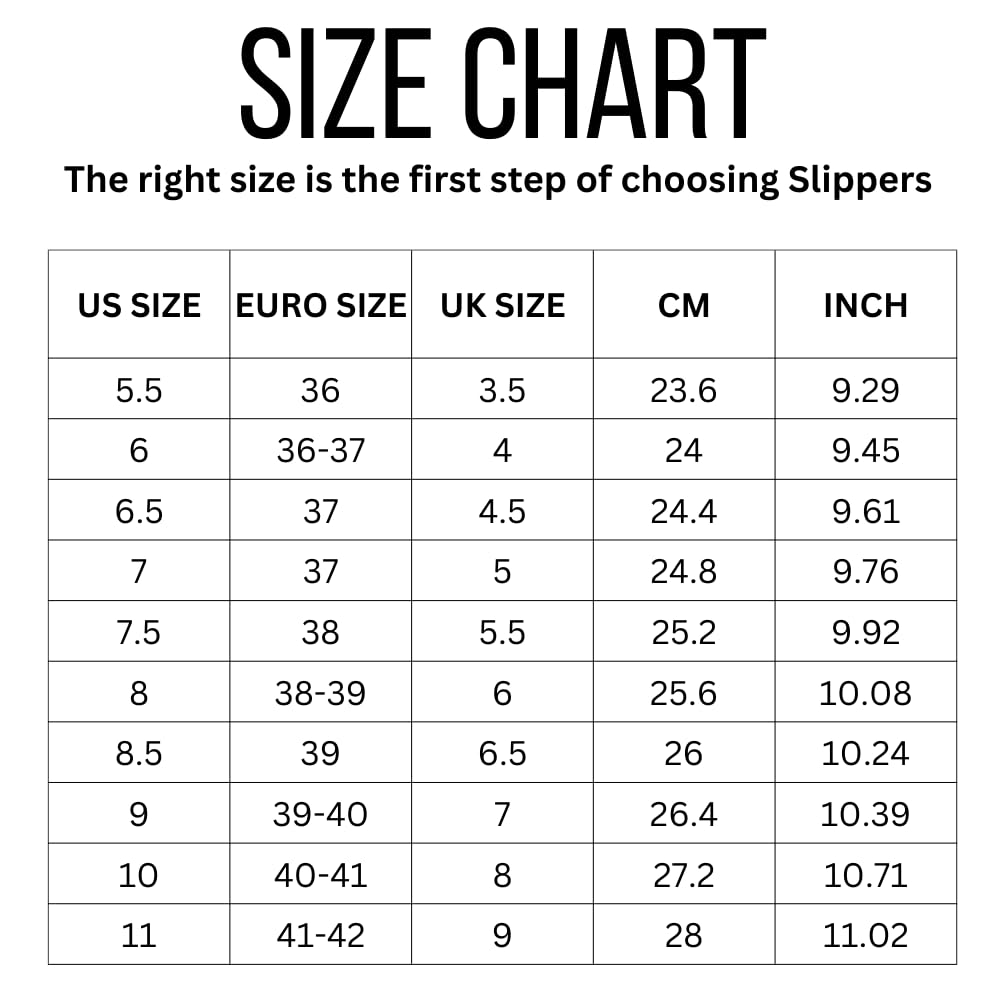 Size chart for Hedy fuzzy slippers, showing US, Euro, UK, CM, and Inch sizes for selecting the right fit.