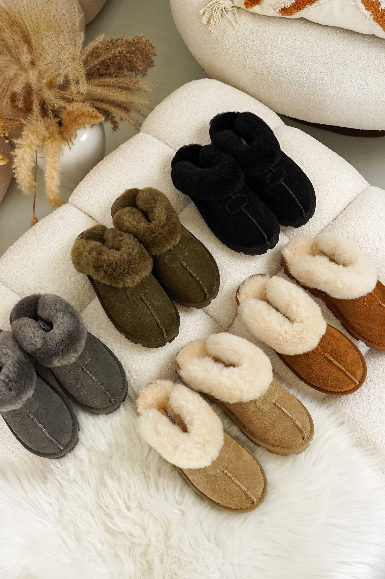 Project Cloud Hedy women's fuzzy slippers in multiple colors: suede & fur lining.