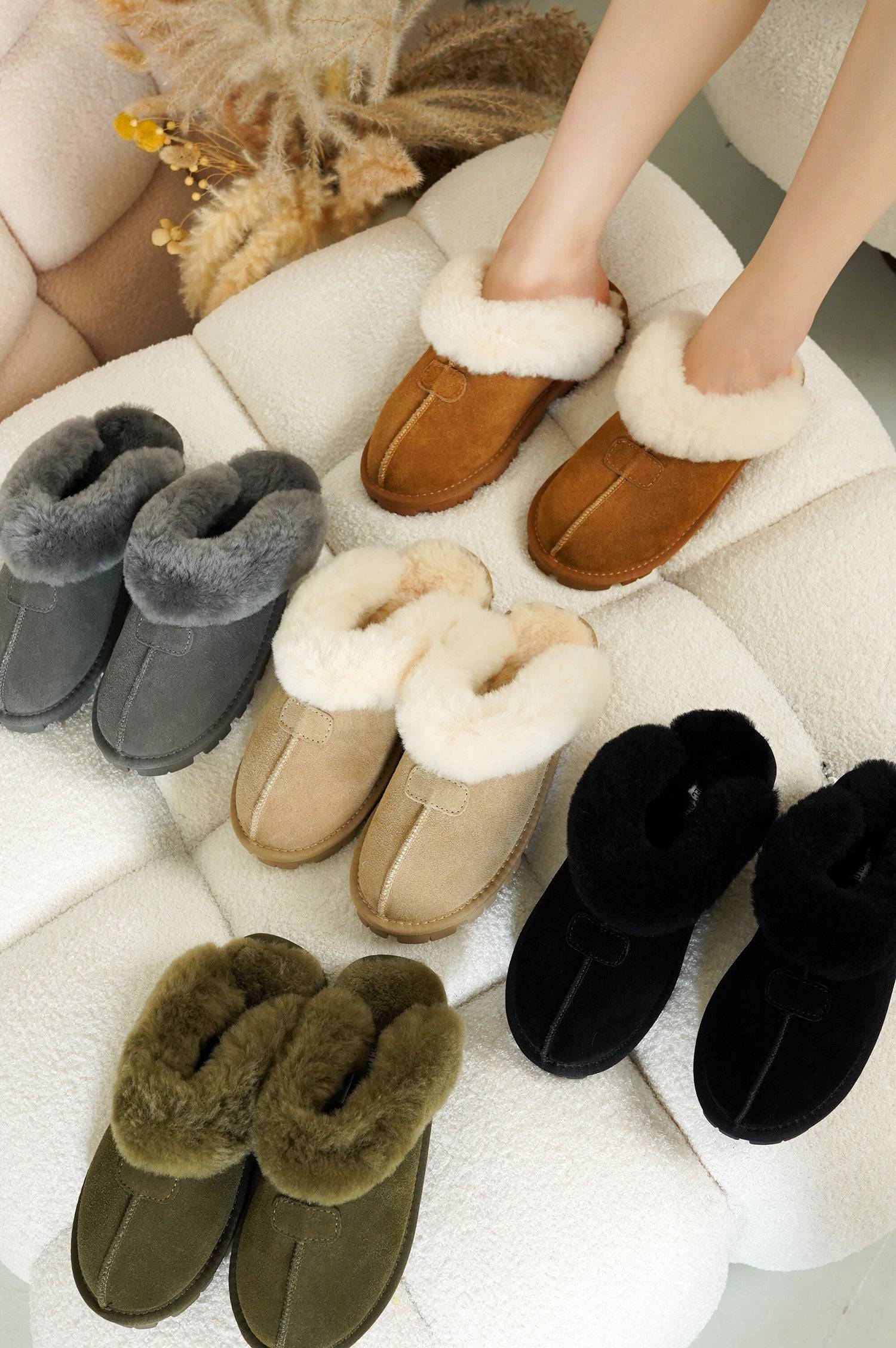 Project Cloud Hedy Fuzzy Slippers: Beige, brown, grey, black, and olive. Suede & fur lining.