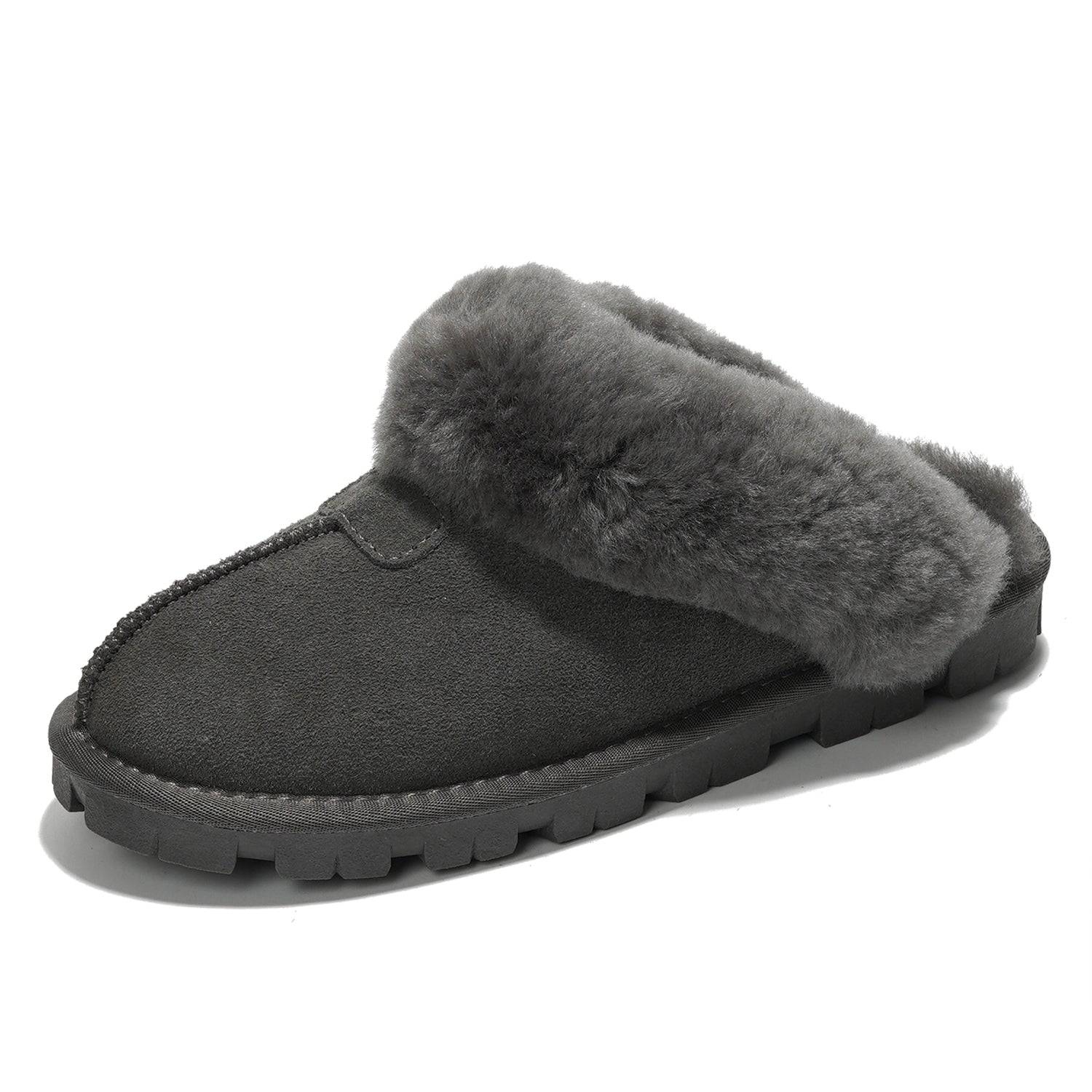 Project Cloud Hedy Women's Gray Fuzzy Slipper, genuine suede exterior with natural fur lining, comfortable house shoes.