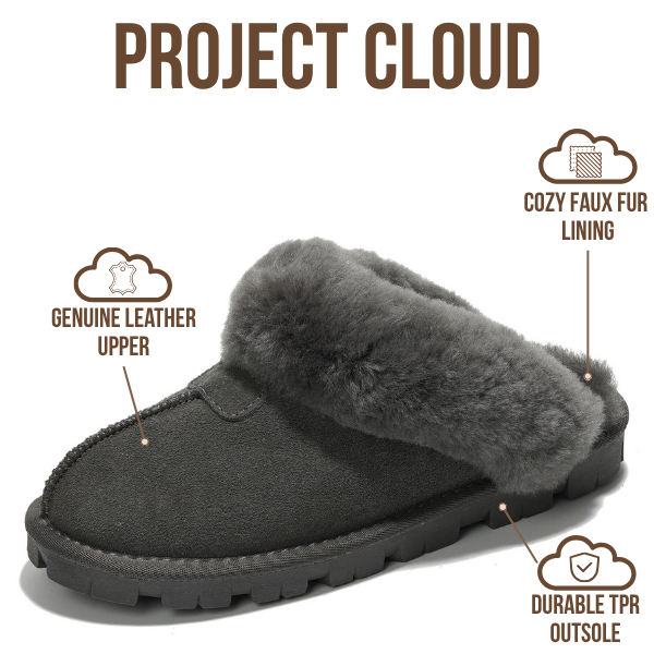 Project Cloud | "Hedy" 100% Genuine Leather & Natural Fur Lining Fuzzy Slippers | Memory Foam | Non-Slip