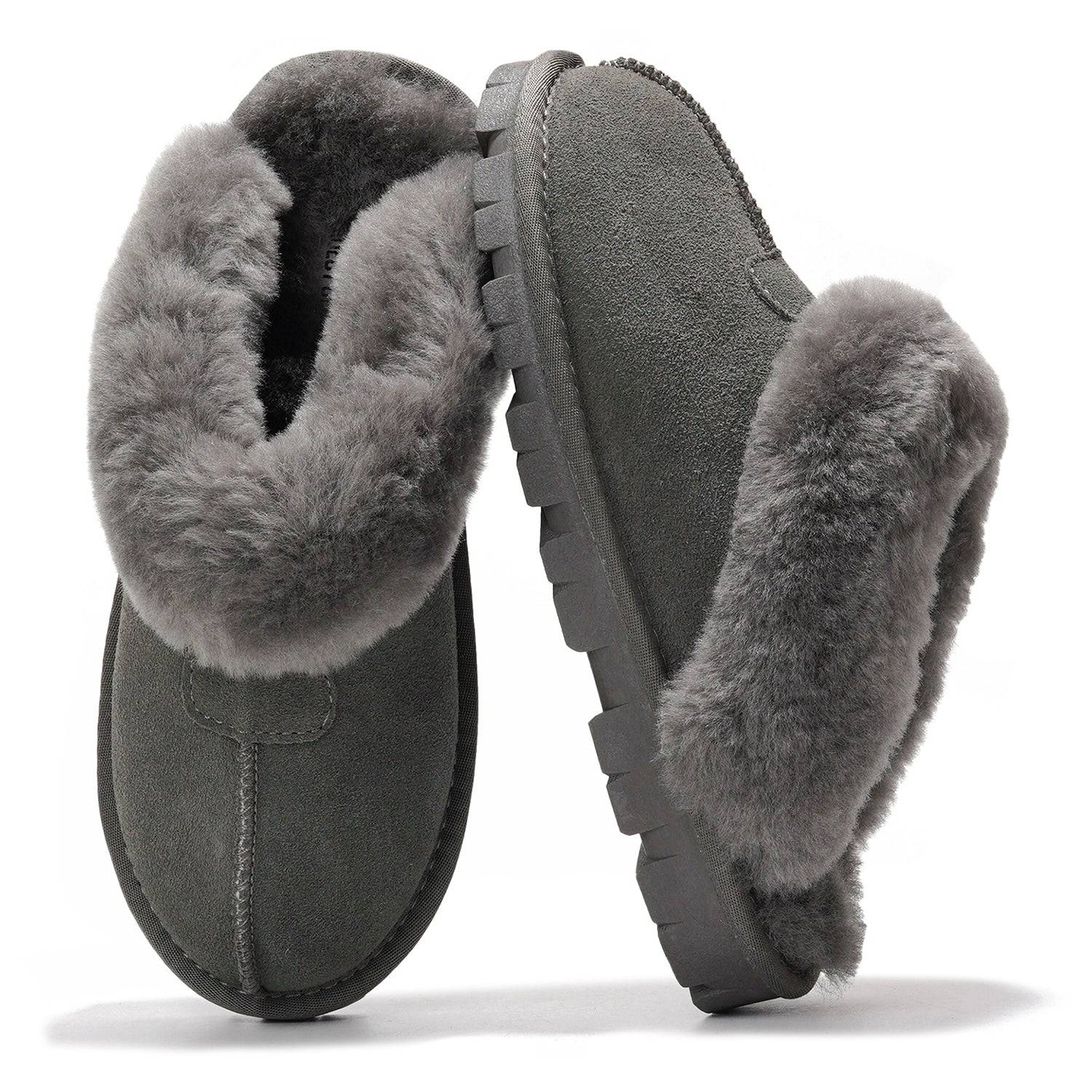 Project Cloud Hedy Women's Fuzzy Slippers in Gray: Genuine suede exterior, natural fur lining, comfortable house shoes.