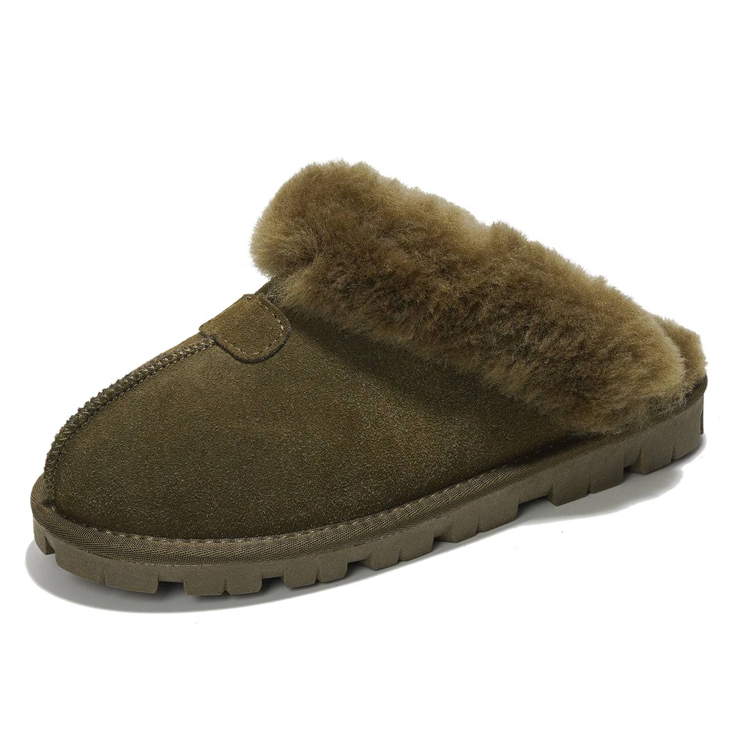 Project Cloud Hedy olive green fuzzy slippers. Suede exterior, natural fur lining, house shoes for comfort.