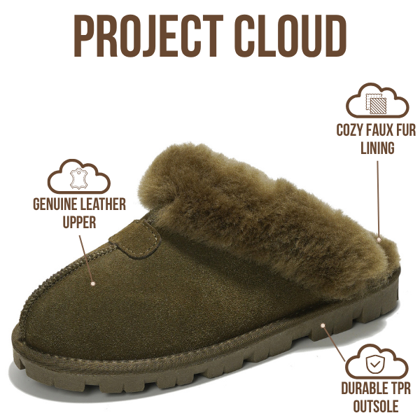 Project Cloud | "Hedy" 100% Genuine Leather & Natural Fur Lining Fuzzy Slippers | Memory Foam | Non-Slip
