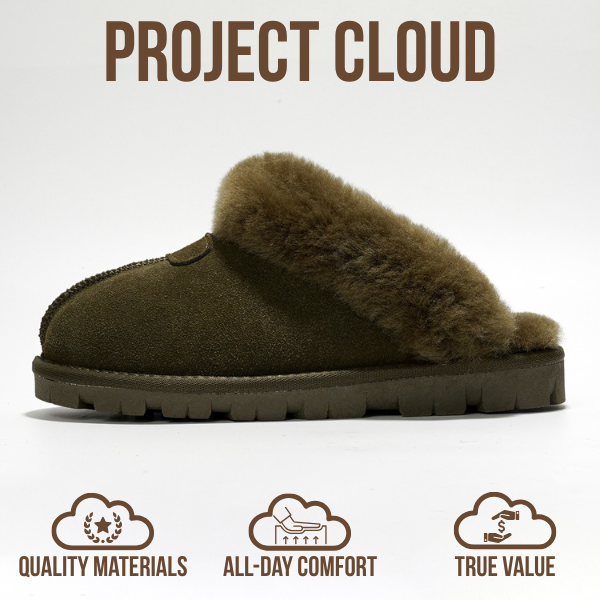 Project Cloud | "Hedy" 100% Genuine Leather & Natural Fur Lining Fuzzy Slippers | Memory Foam | Non-Slip