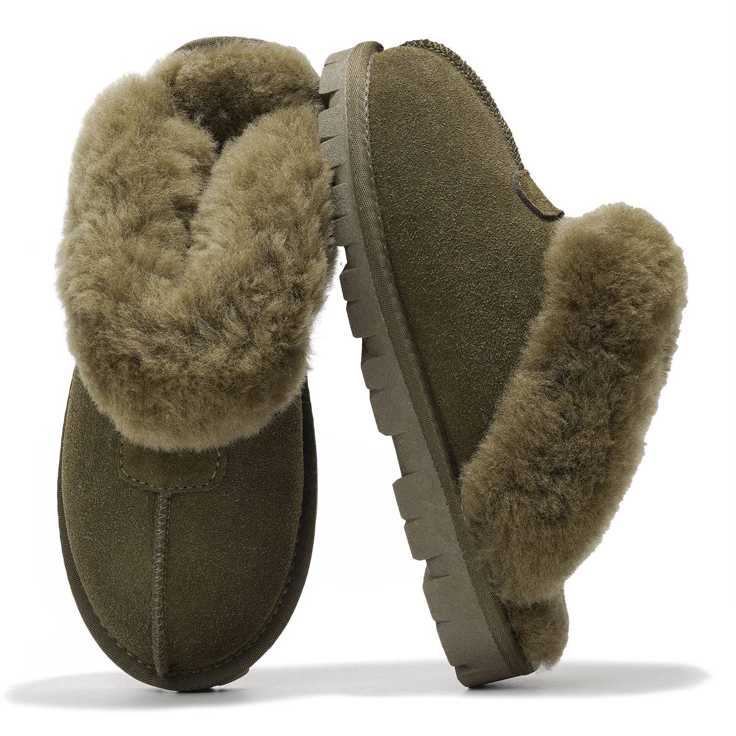 Project Cloud Hedy Women's Fuzzy Slippers in olive green, suede exterior, and natural fur lining. House shoes for comfort.