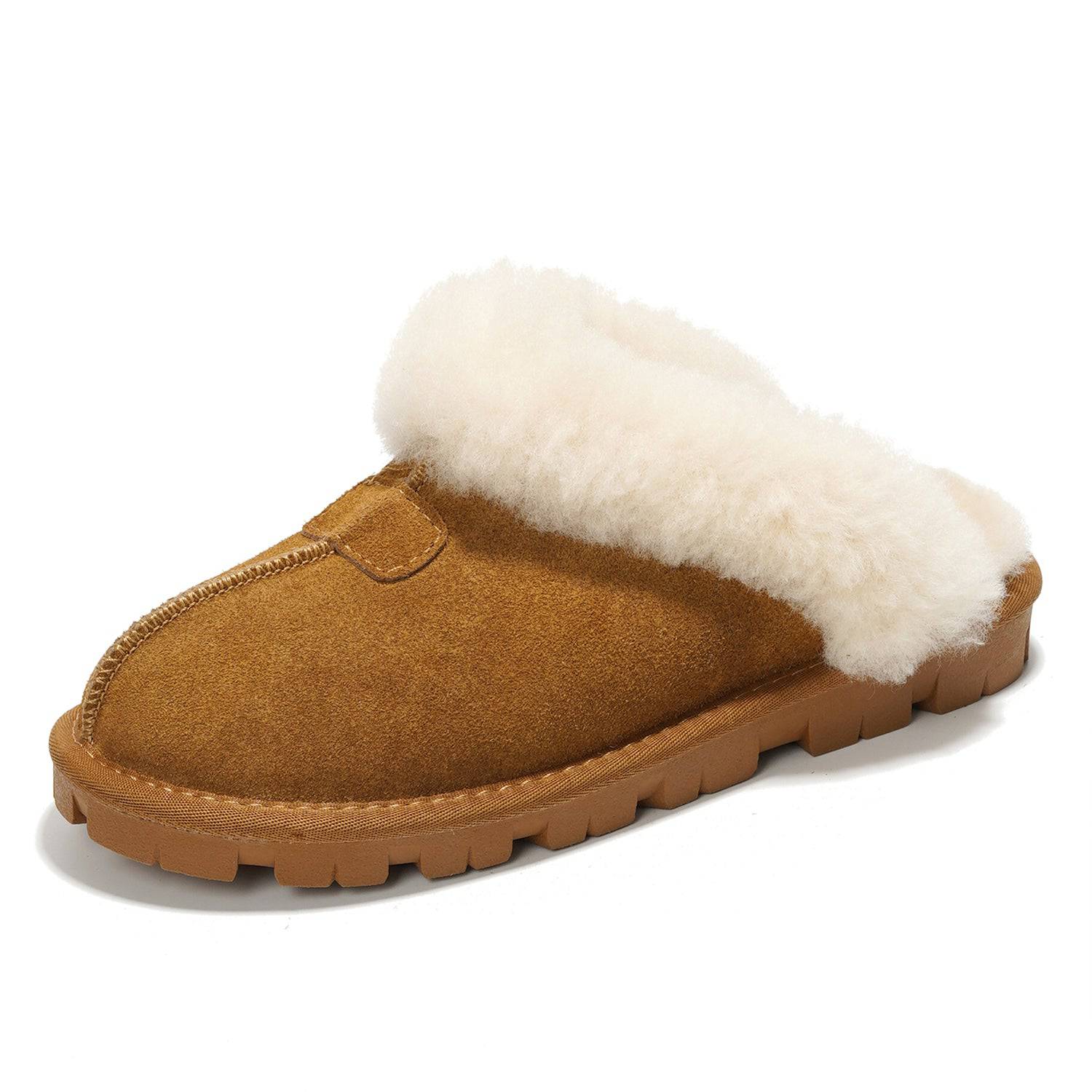 Project Cloud Hedy brown suede slippers with natural fur lining for women. Comfortable and stylish house shoes.