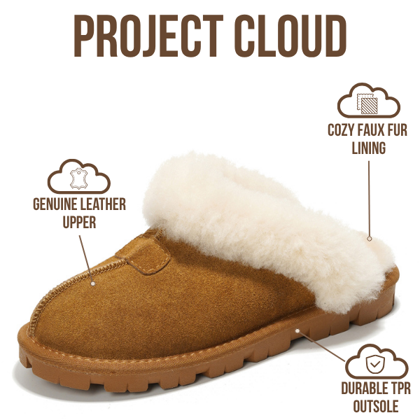 Project Cloud | "Hedy" 100% Genuine Leather & Natural Fur Lining Fuzzy Slippers | Memory Foam | Non-Slip