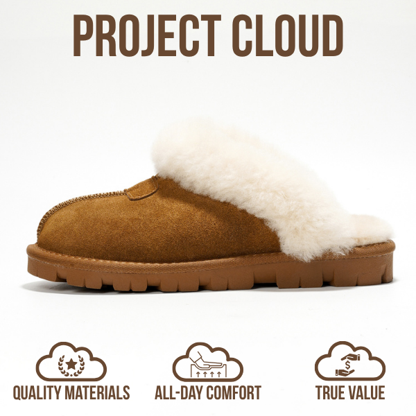 Project Cloud | "Hedy" 100% Genuine Leather & Natural Fur Lining Fuzzy Slippers | Memory Foam | Non-Slip