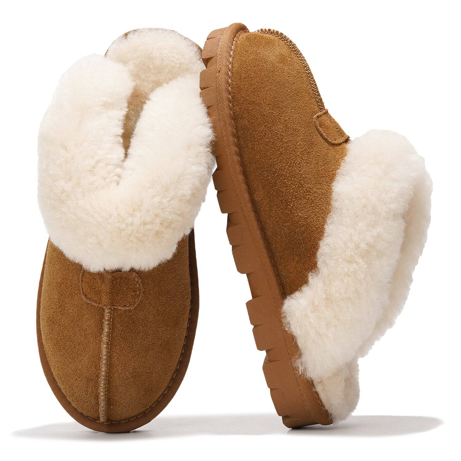 Project Cloud Hedy Women's Fuzzy Slippers: Brown suede exterior, natural fur lining, and durable non-slip sole for comfort.
