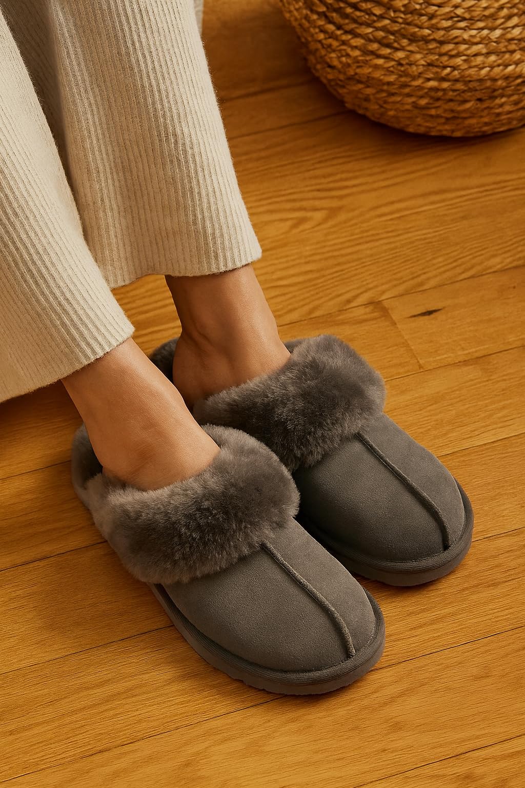 Pantuflas Henka de Project Cloud: gamuza auténtica con comodidad de piel de oveja. 