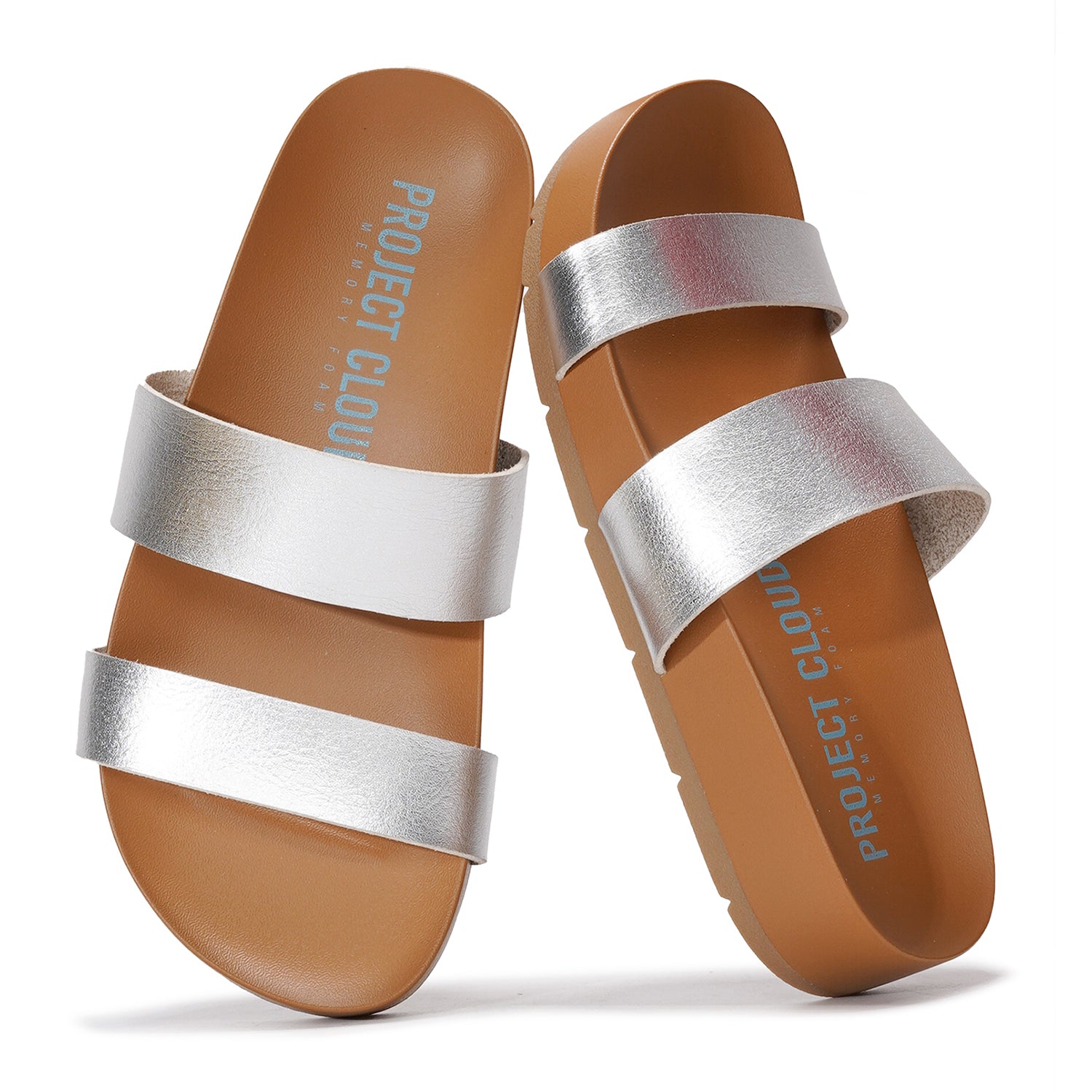 Project Cloud Hilltop sandals with silver straps. Memory foam, vegan leather, perfect for casual wear.
