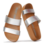 Project Cloud Hilltop sandals with silver straps. Memory foam, eco-leather, perfect for casual wear.