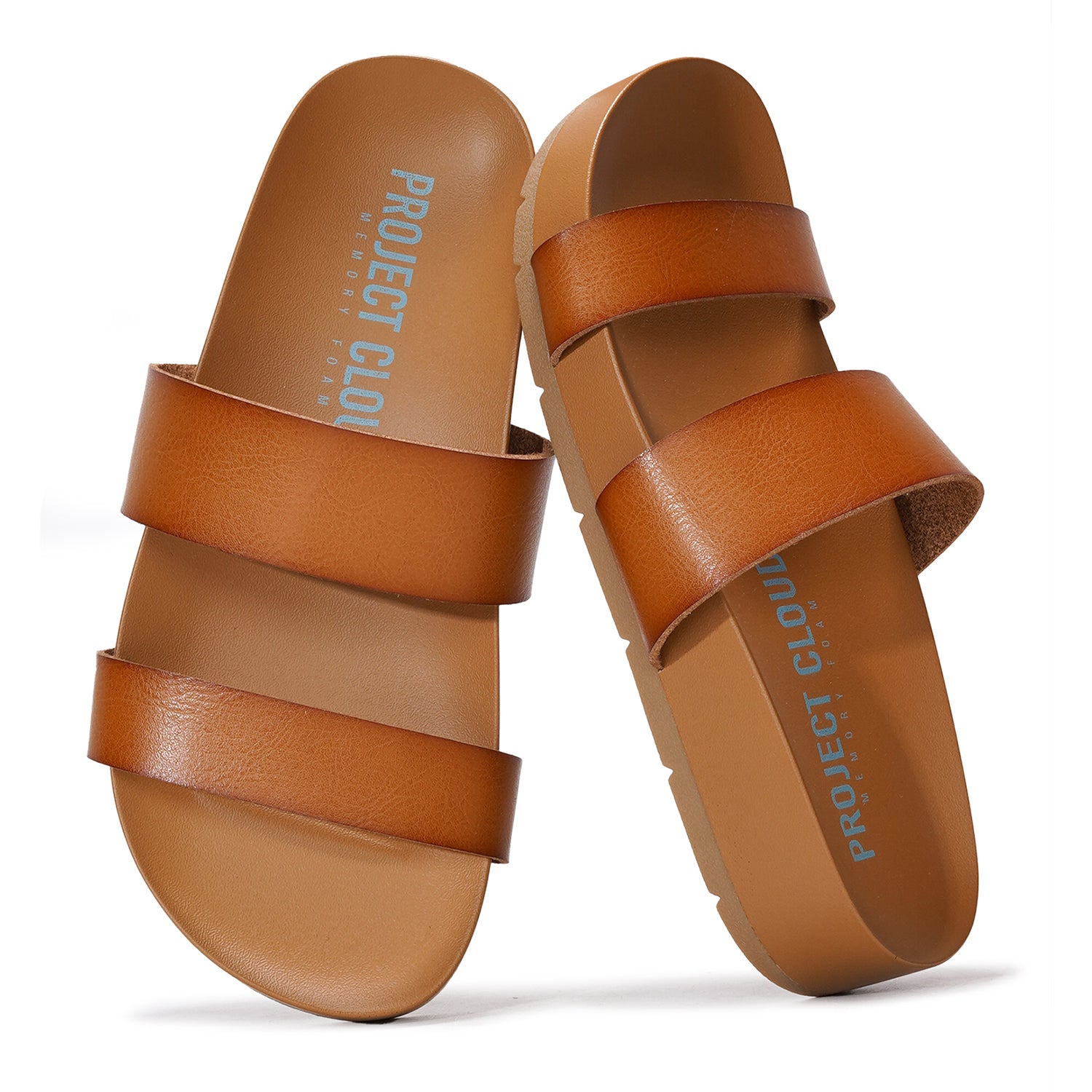 Project Cloud Hilltop brown platform sandals, vegan leather, memory foam, two-strap design.