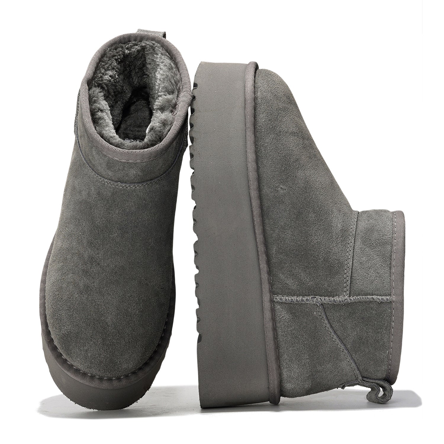 Gray suede ankle boots for women with faux fur lining and platform sole, Huggy model