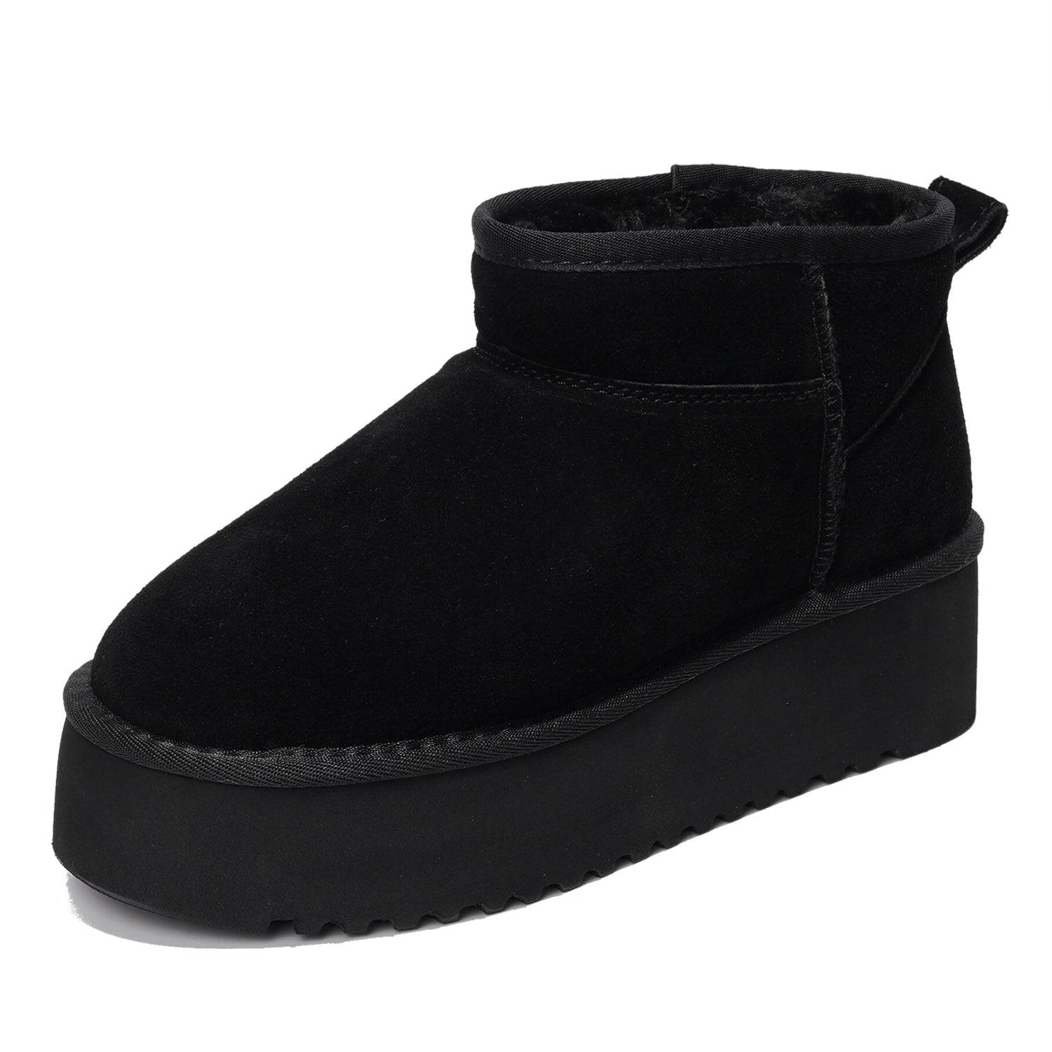 Black suede Huggy ankle boots for women with faux fur lining and platform sole, winter boots, Project Cloud.