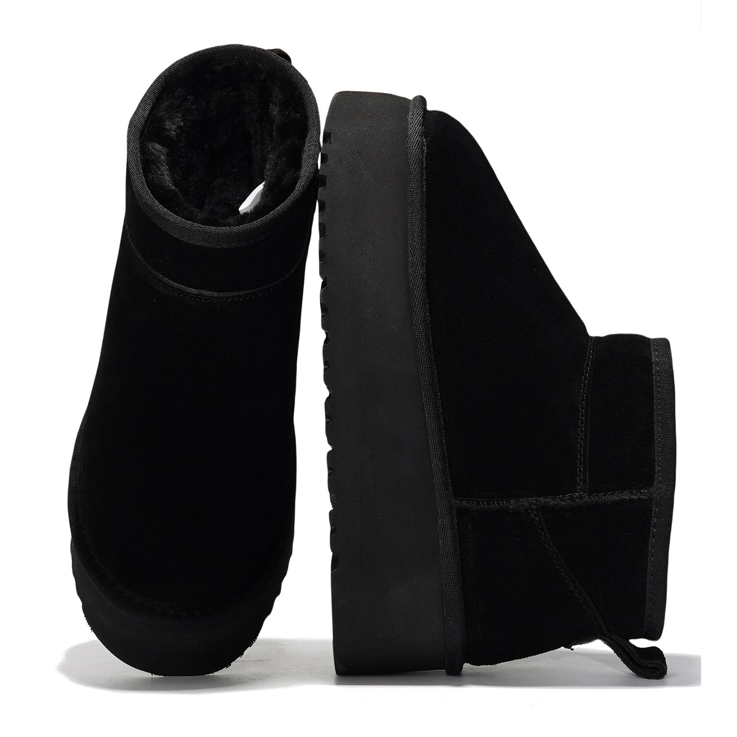 Black suede platform ankle boots for women with faux fur lining, Huggy model, winter boots