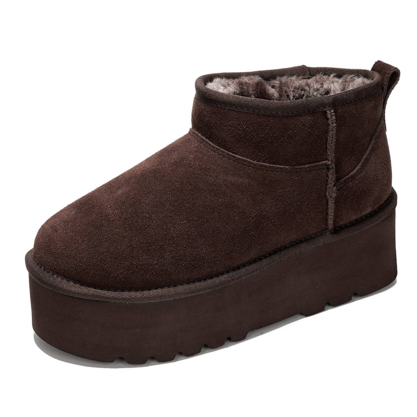 Brown suede Huggy ankle boots for women with faux fur lining and platform sole. Winter boots.