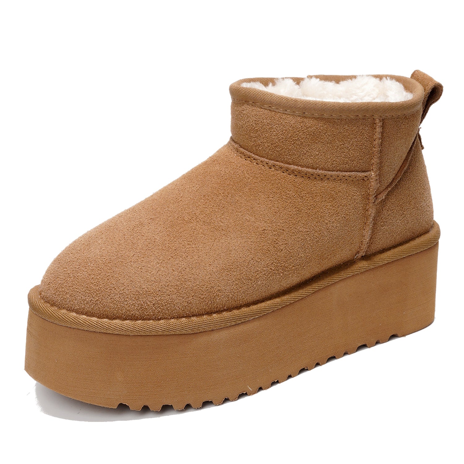 Brown suede Huggy ankle boots for women with faux fur lining, platform sole and winter boots