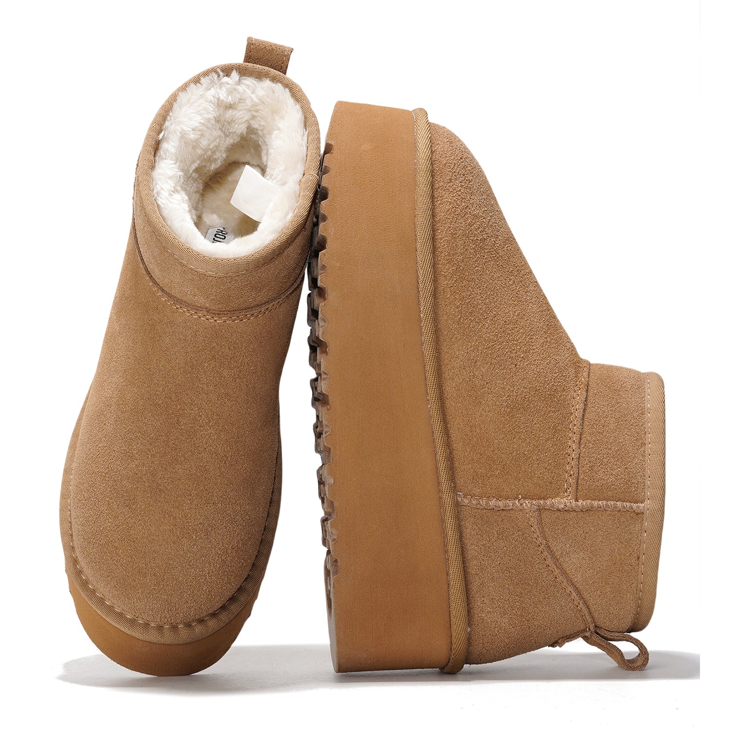 Camel suede ankle boots for women with faux fur lining, Huggy model, platform sole, winter boots