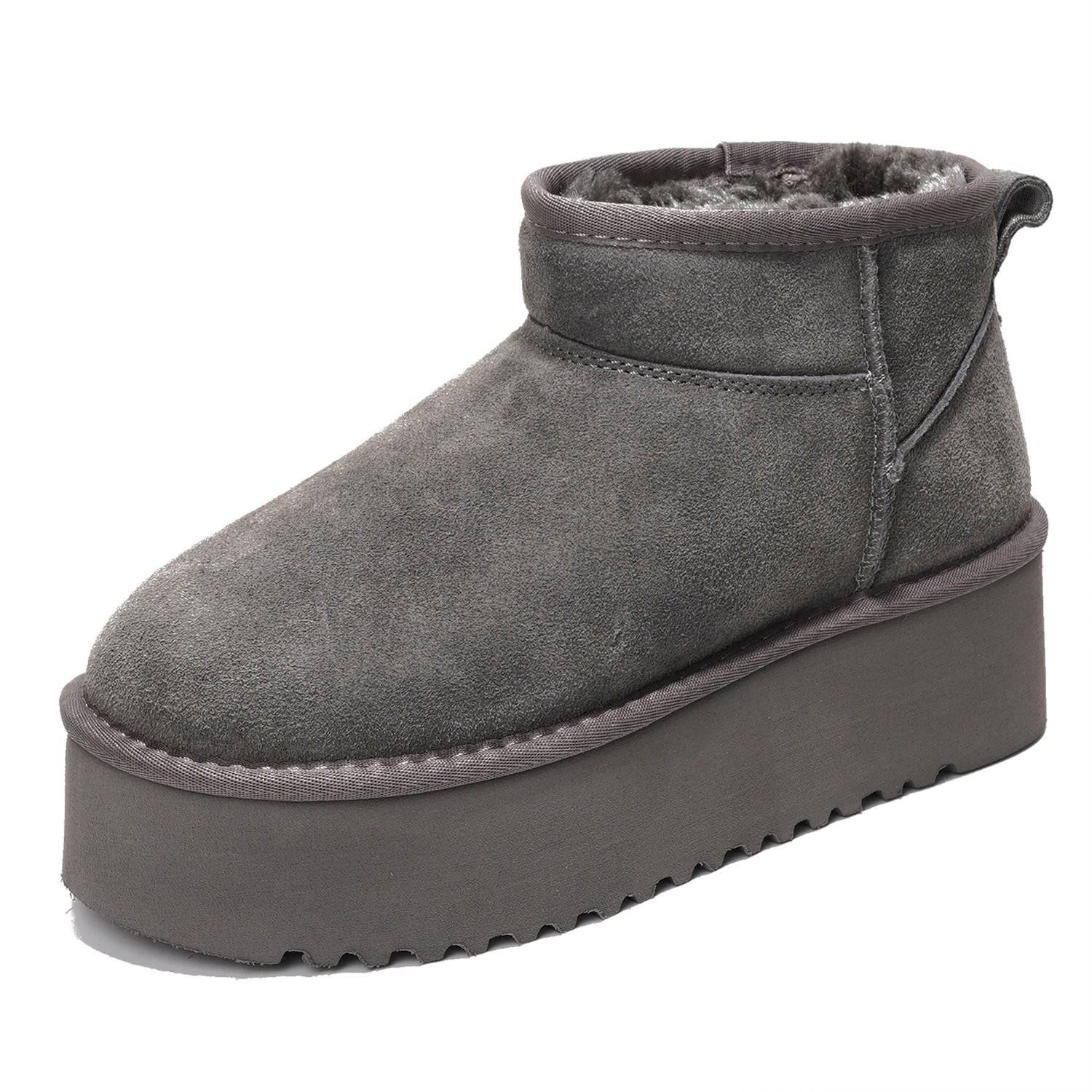 Gray suede Huggy ankle boots for women with faux fur lining, platform sole, and memory foam insole, winter boots.