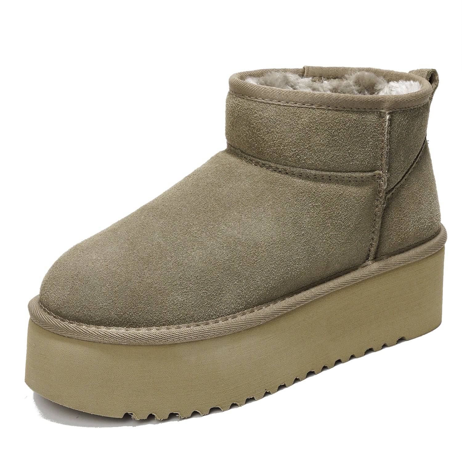 Women's olive green suede Huggy ankle boots with faux fur lining, platform sole, and memory foam insole. Winter boots.