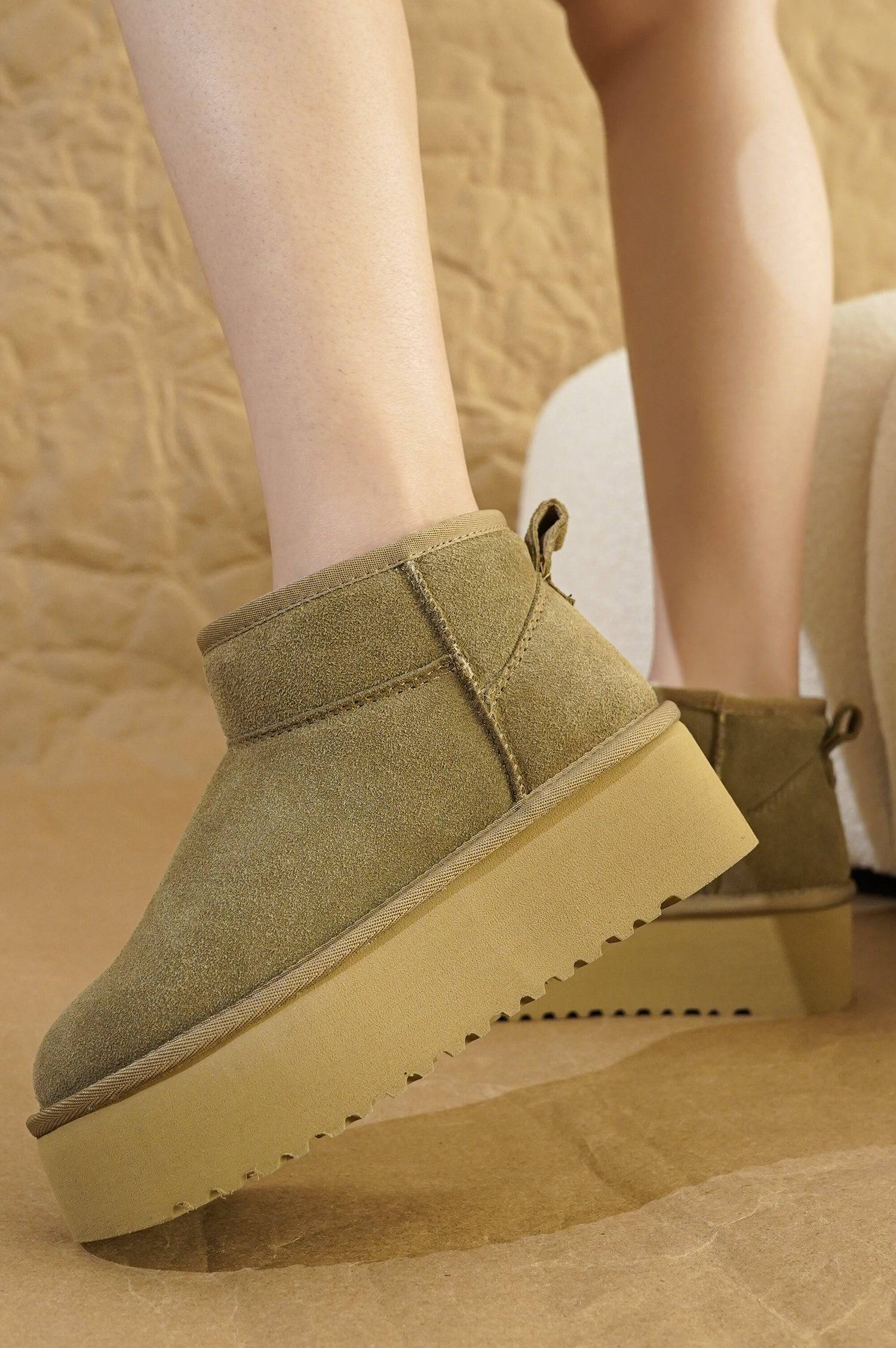 Beige suede platform ankle boots for women, featuring memory foam insole, perfect for winter.
