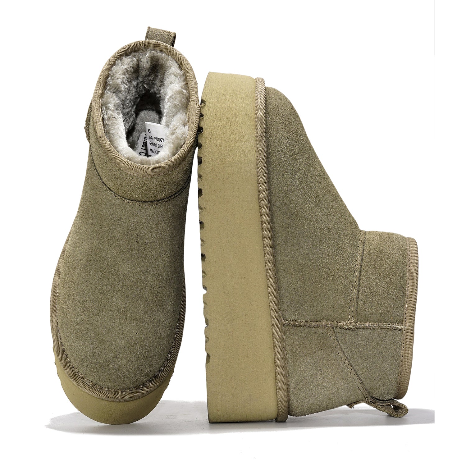 Olive green suede Huggy ankle boots for women with faux fur lining, platform sole and genuine suede.