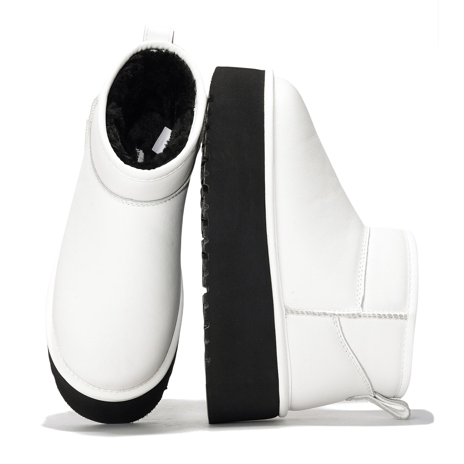 White leather Huggy ankle boots for women with faux fur lining, black platform sole, Project Cloud winter boots