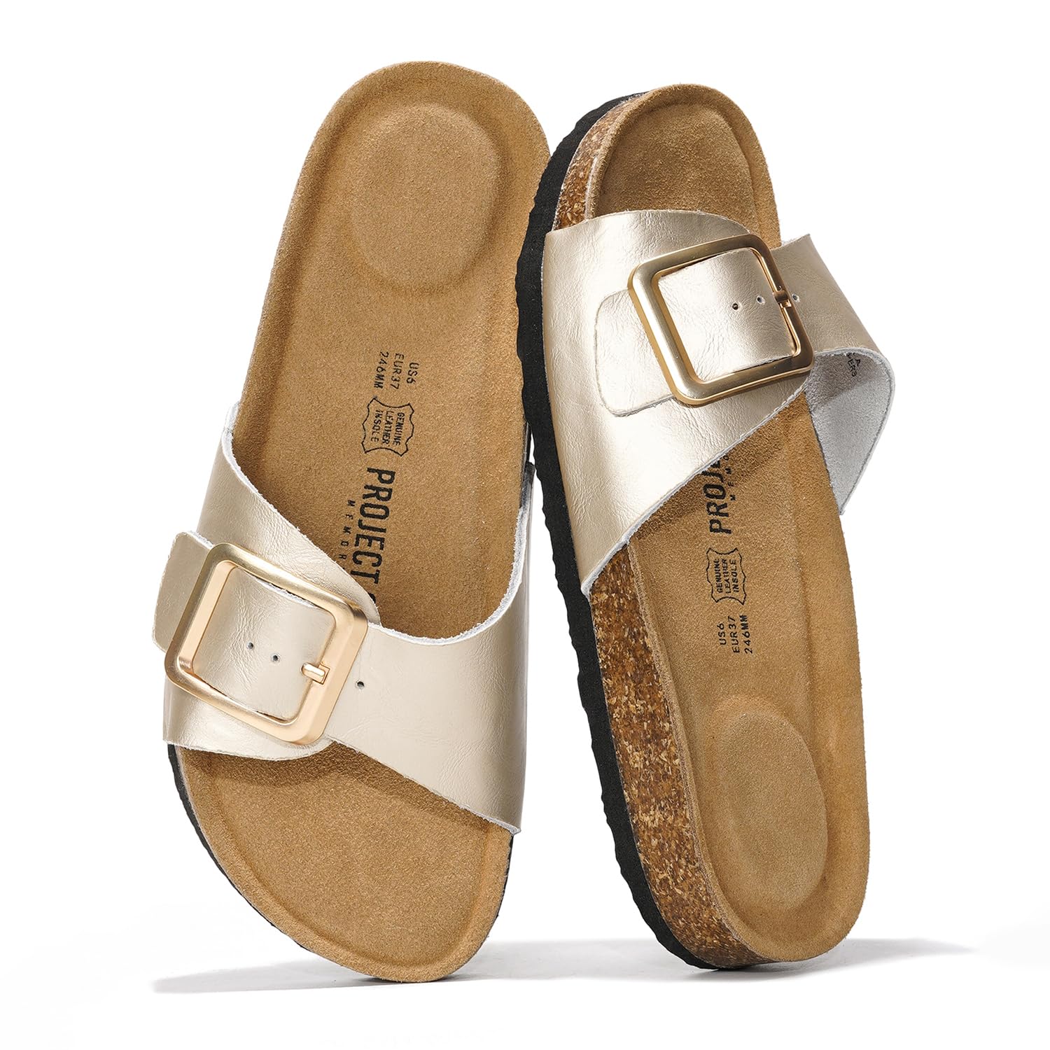 Project Cloud Ibiza gold leather sandals with buckle detail, suede insole and cork footbed. Perfect for summer.