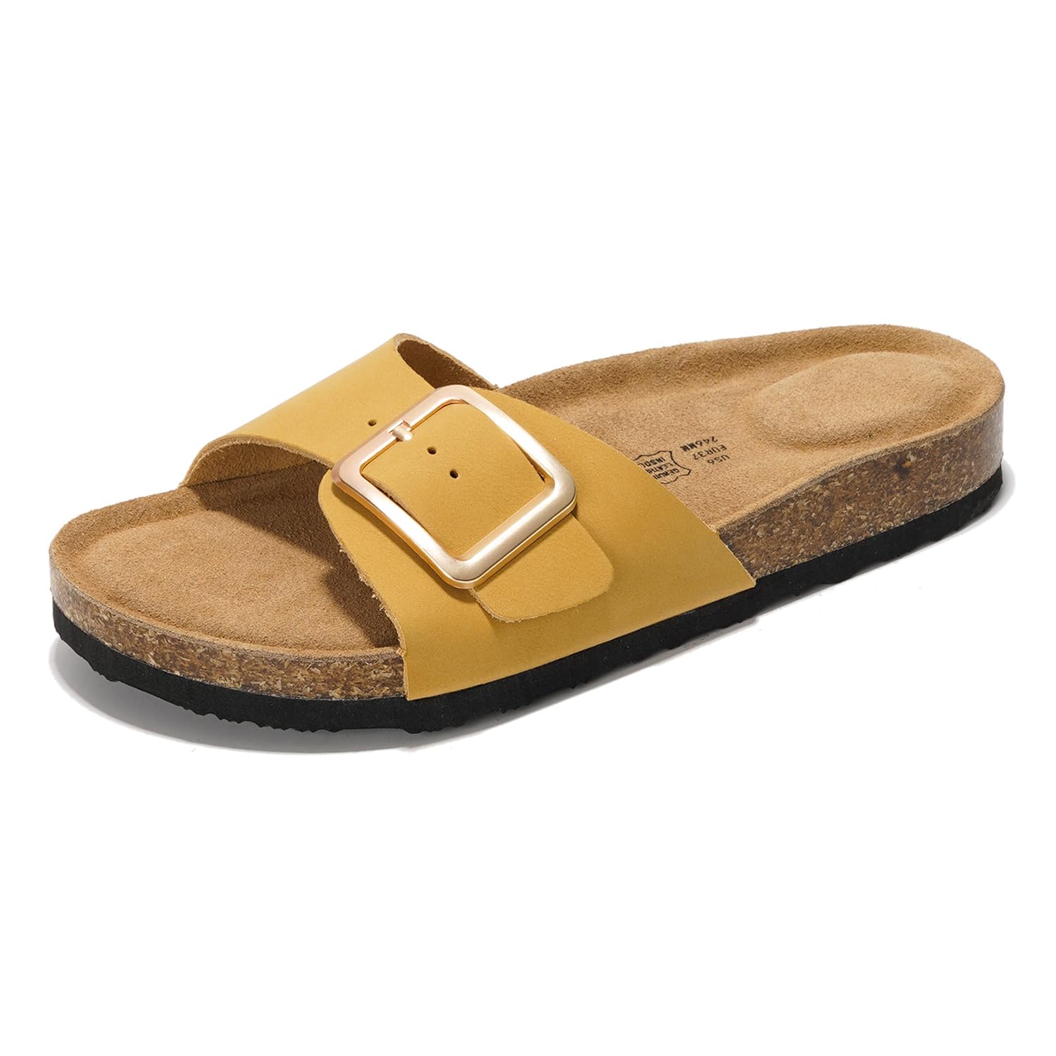 Project Cloud Ibiza Yellow Leather Sandals with Buckle Detail, Cork Footbed