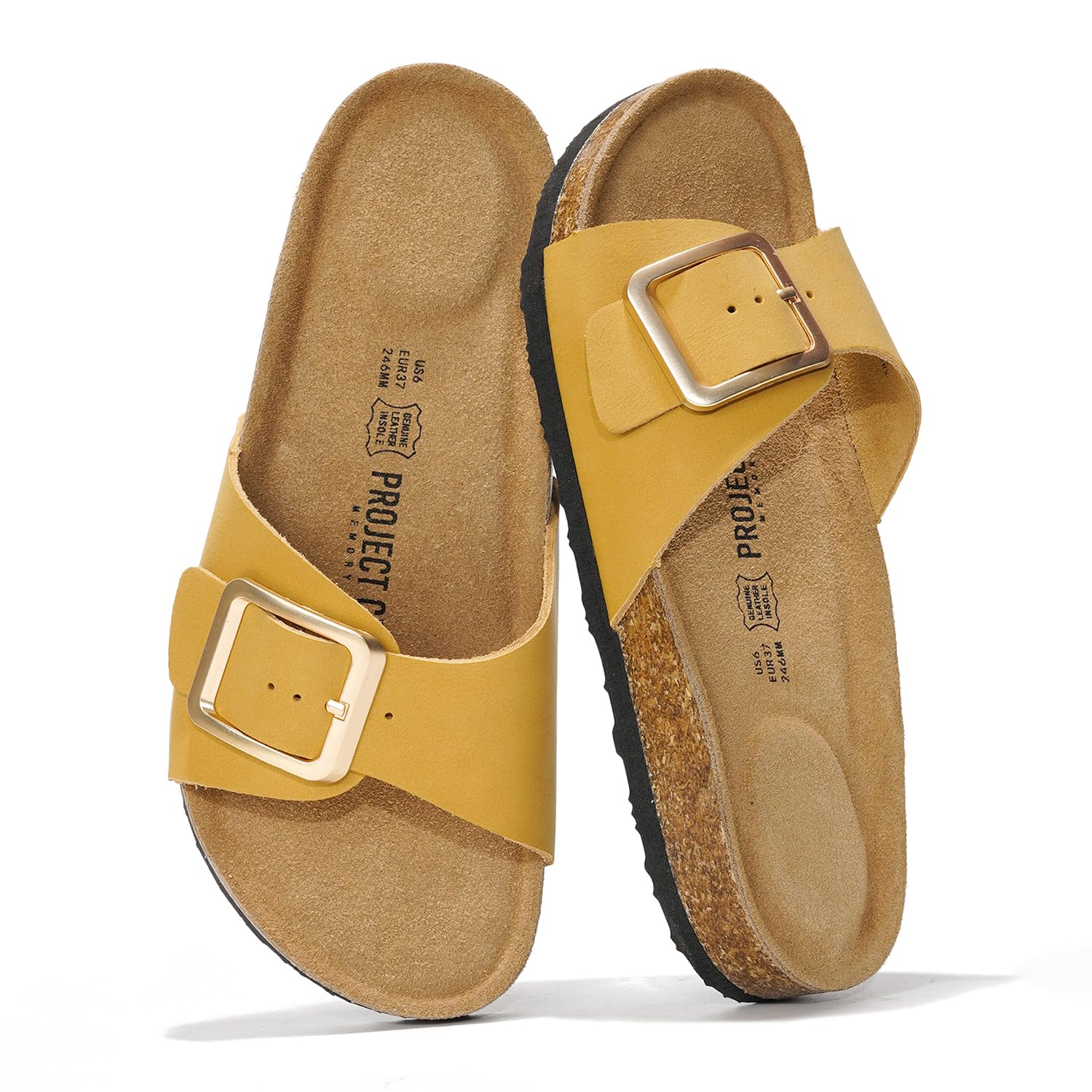 Project Cloud Yellow Leather Sandals with Buckle, Cork Footbed - Women's Summer Flip Flops