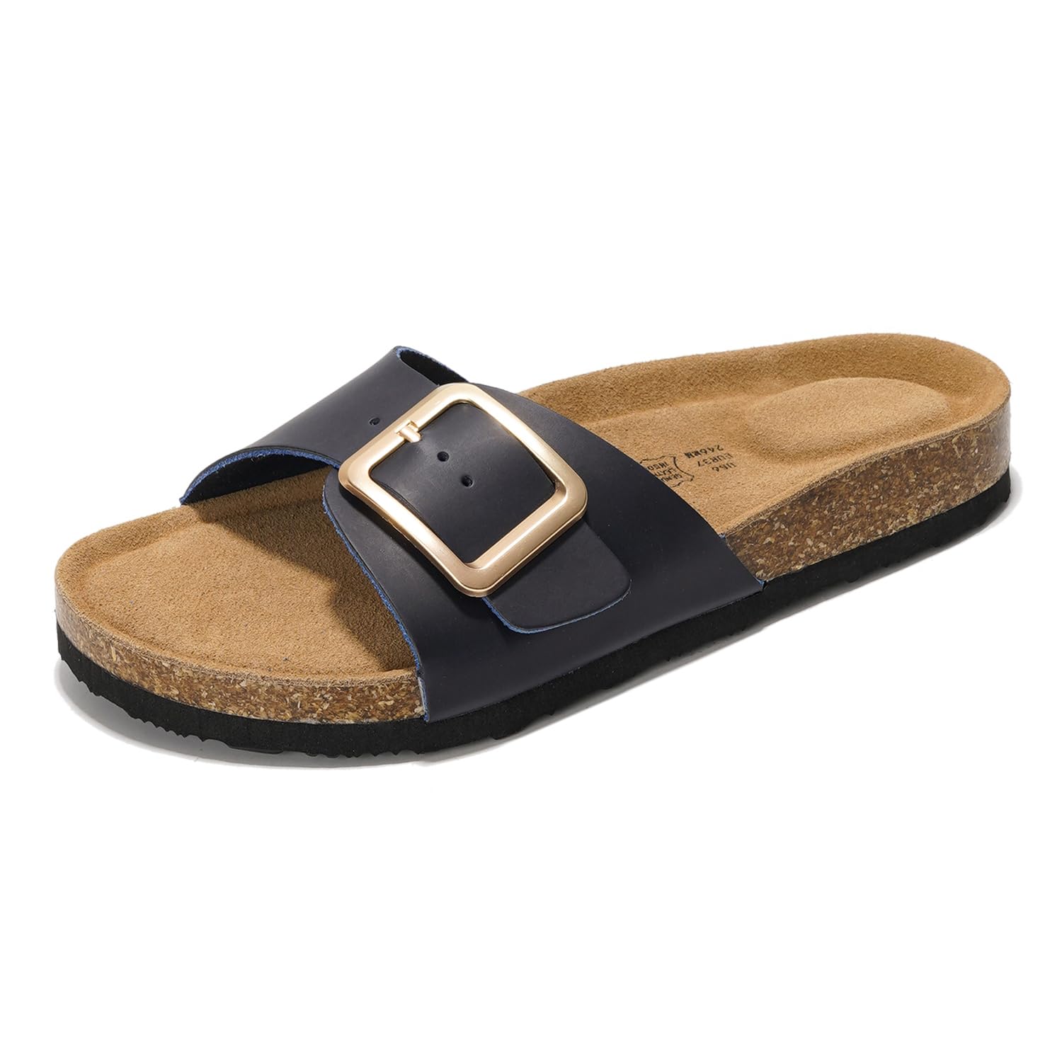 Project Cloud Ibiza Women's Leather Sandals in navy blue with buckle detail, cork footbed - Summer Flip Flops