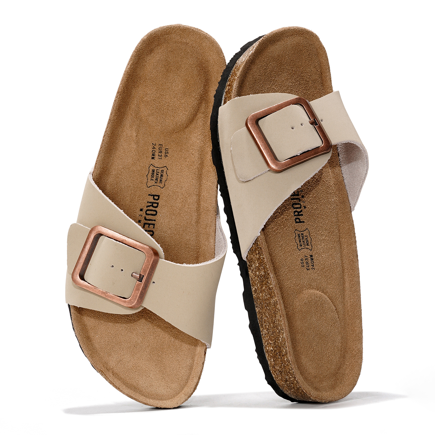 Project Cloud Ibiza Leather Sandals with buckle detail, genuine suede insole, and cork footbed.