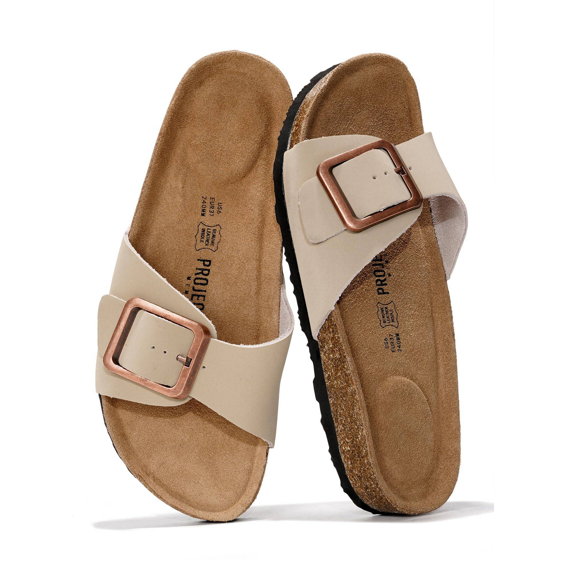 Project Cloud Ibiza Leather Sandals with buckle detail, genuine suede insole, and cork footbed.