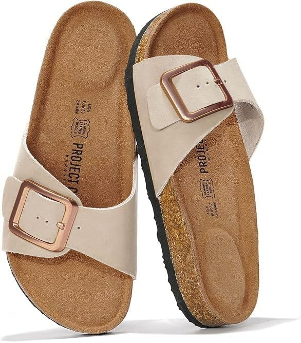 Project Cloud Ibiza Leather Sandals with buckle detail, genuine suede insole, and cork footbed.