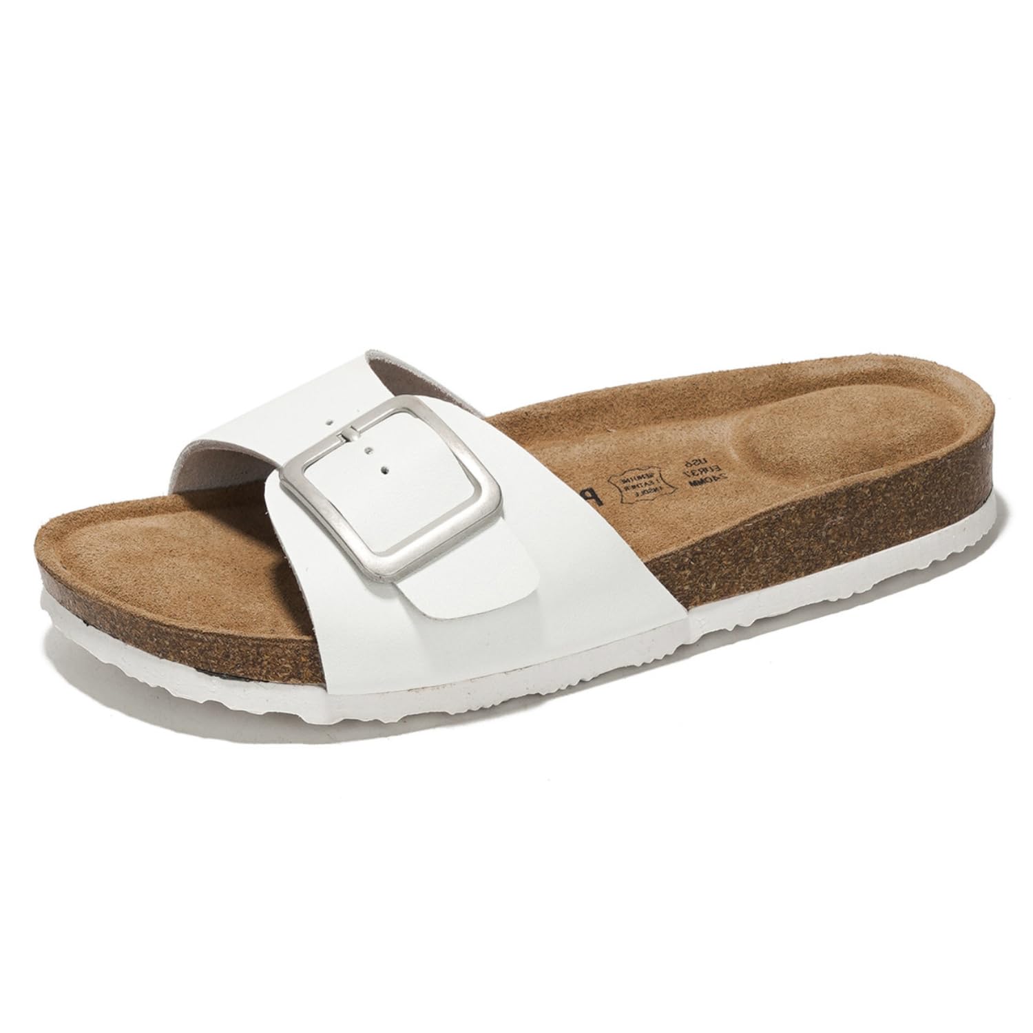 Project Cloud Ibiza White Leather Sandals with Buckle Detail, Suede Insole, Cork Footbed