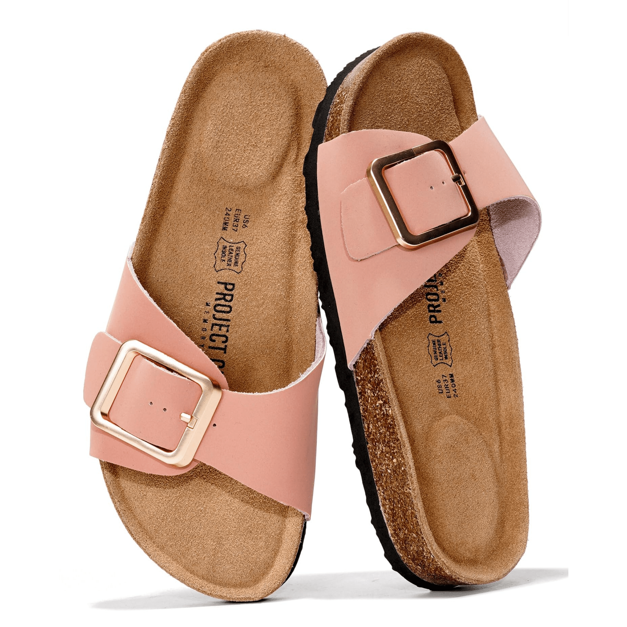 Project Cloud Ibiza Leather Sandals in Pink. Featuring genuine leather insole and a natural cork footbed, perfect for summer.