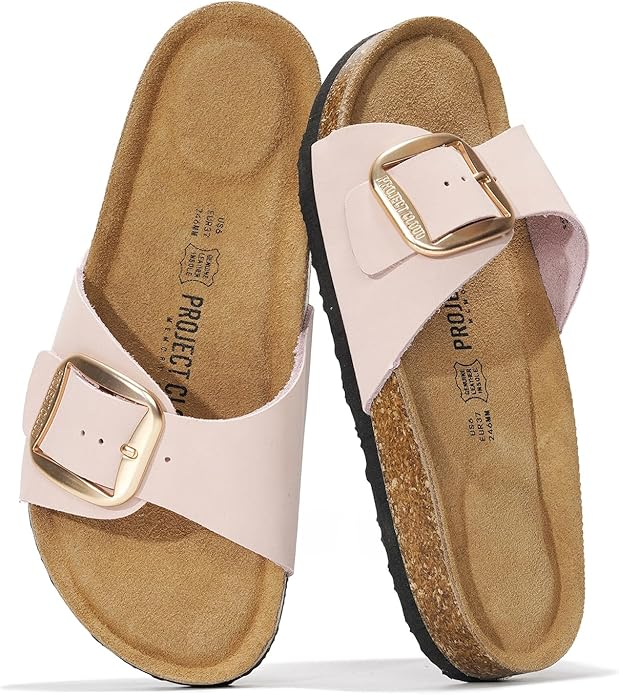 Project Cloud Ibiza Leather Sandals in Pink. Featuring genuine leather insole and a natural cork footbed, perfect for summer.