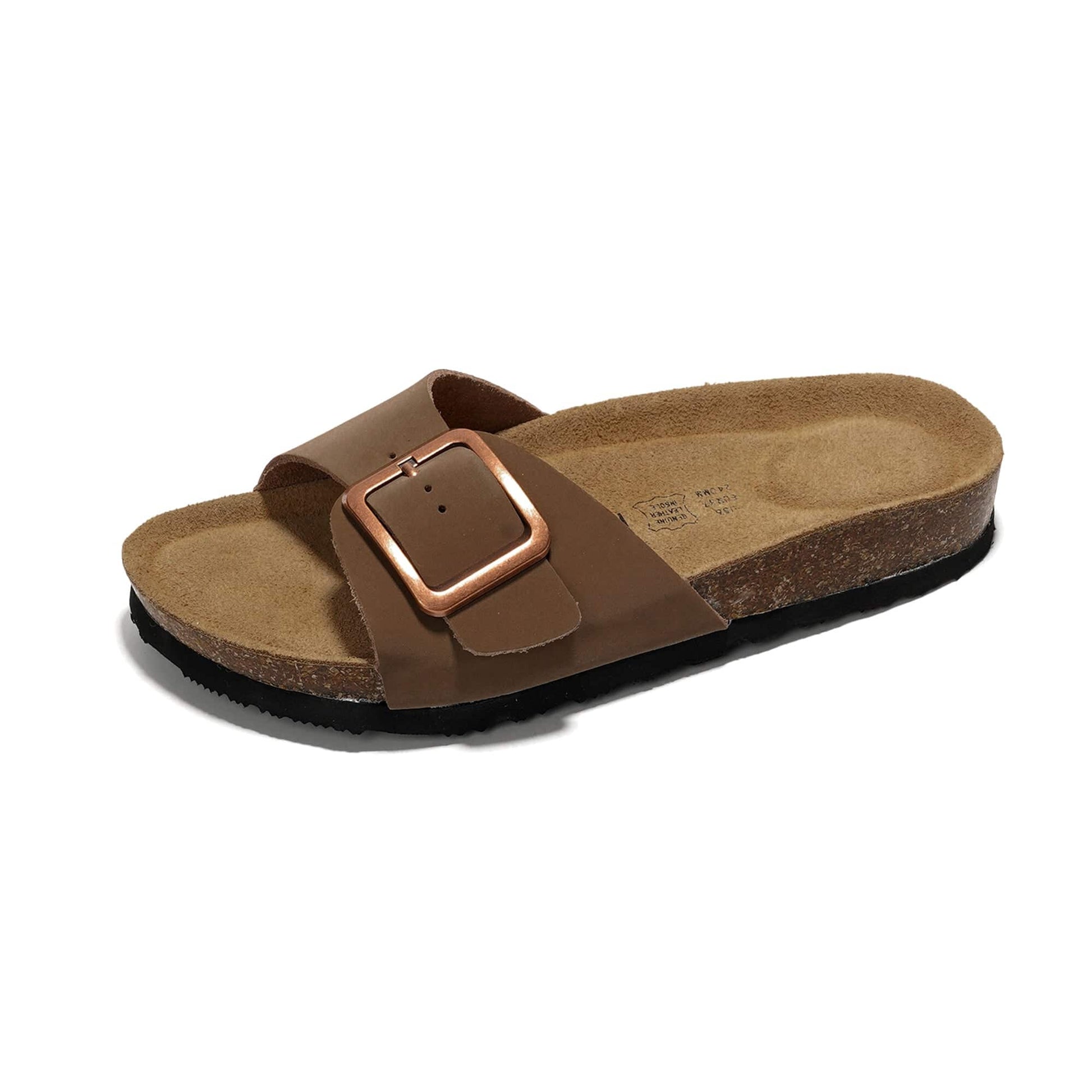 Project Cloud Women's Leather Sandals - Brown with Buckle, Cork Footbed