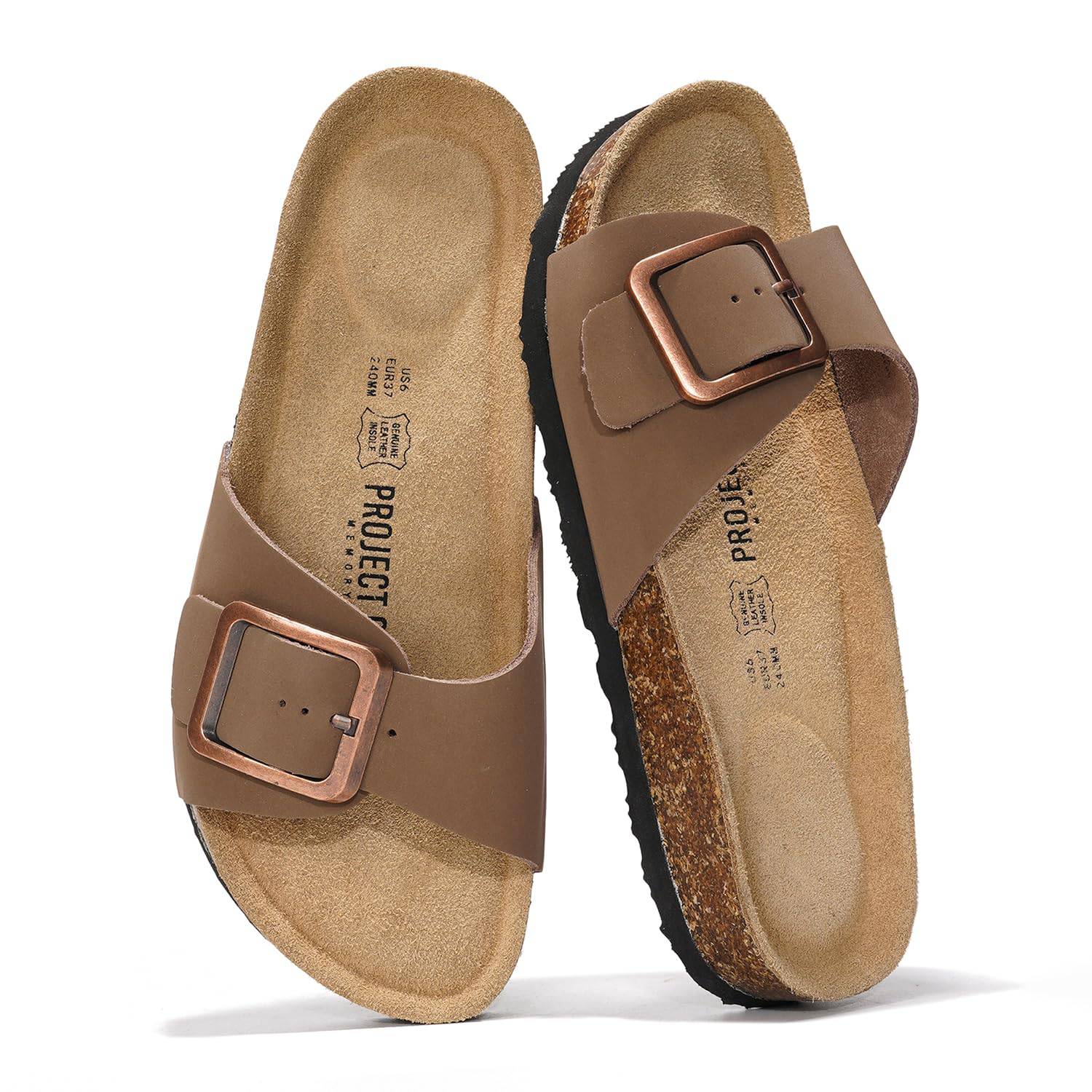 Project Cloud Ibiza Leather Sandals in Brown with buckle detail, suede insole, and cork footbed, perfect for summer wear.