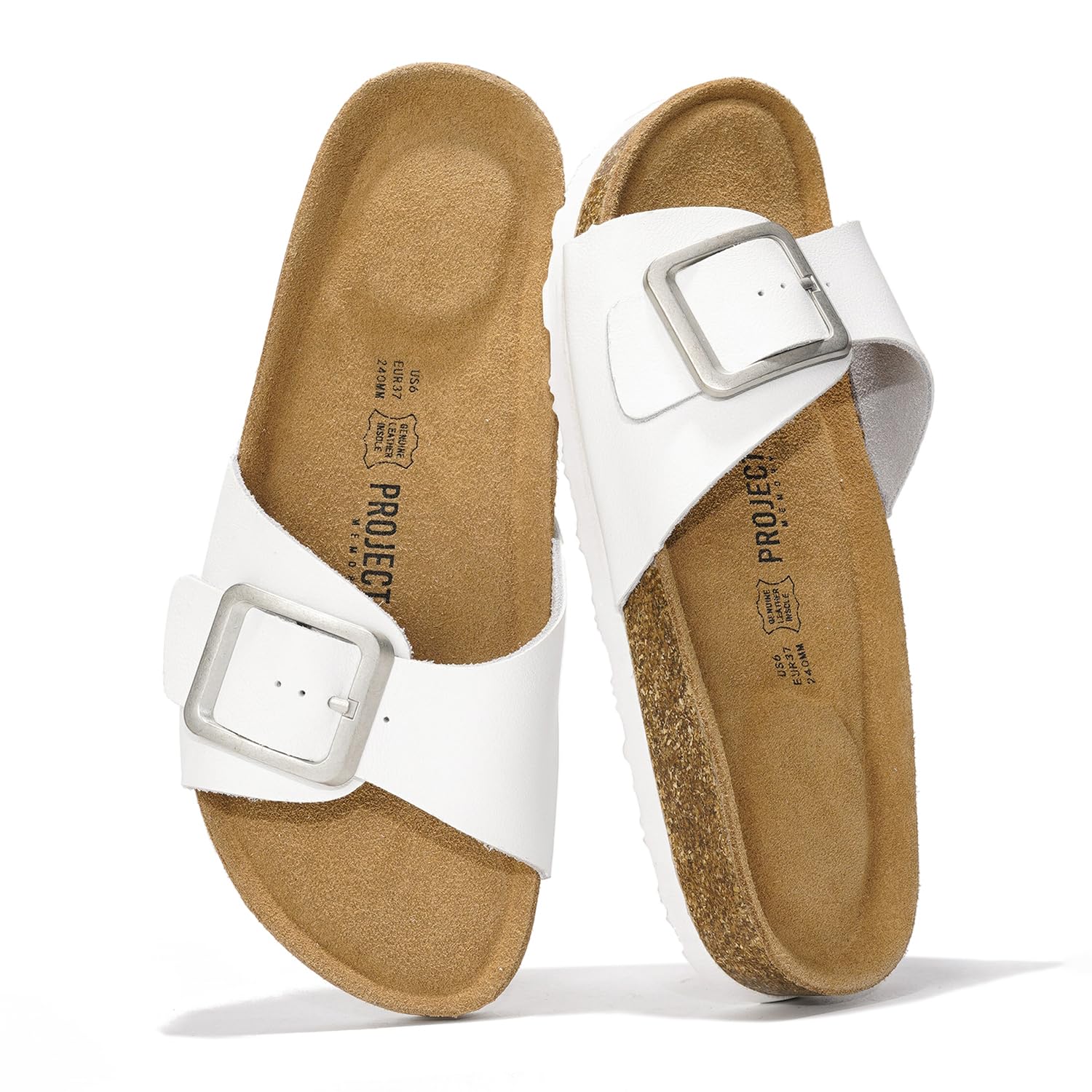 Project Cloud Ibiza White Leather Sandals with Buckle Detail, Cork Footbed - Women's Summer Beach Flip Flops