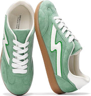 Project Cloud Irita Women's Sneakers in green suede with white accents, memory foam, lace-up closure, and non-slip sole.